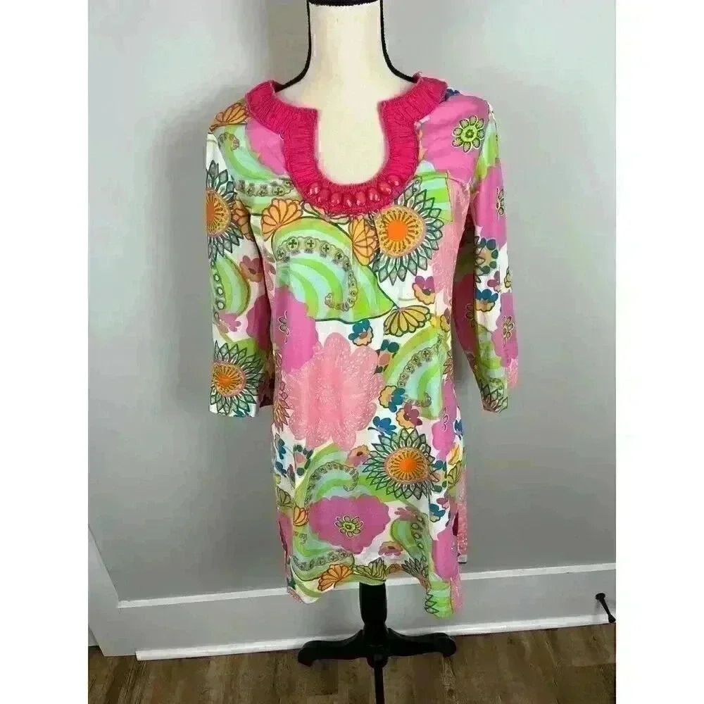 Boden Floral Pink Bright Midi Tunic Dress Embellished Women's 4 Multicolor